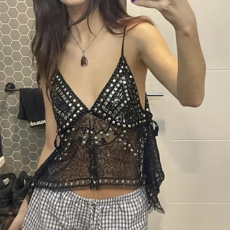 Women's Rivet Tank Tops Stylish Sequin Side Tie Sheer V Neck Spaghetti Straps Camisoles for Summer Coquette Streetwear