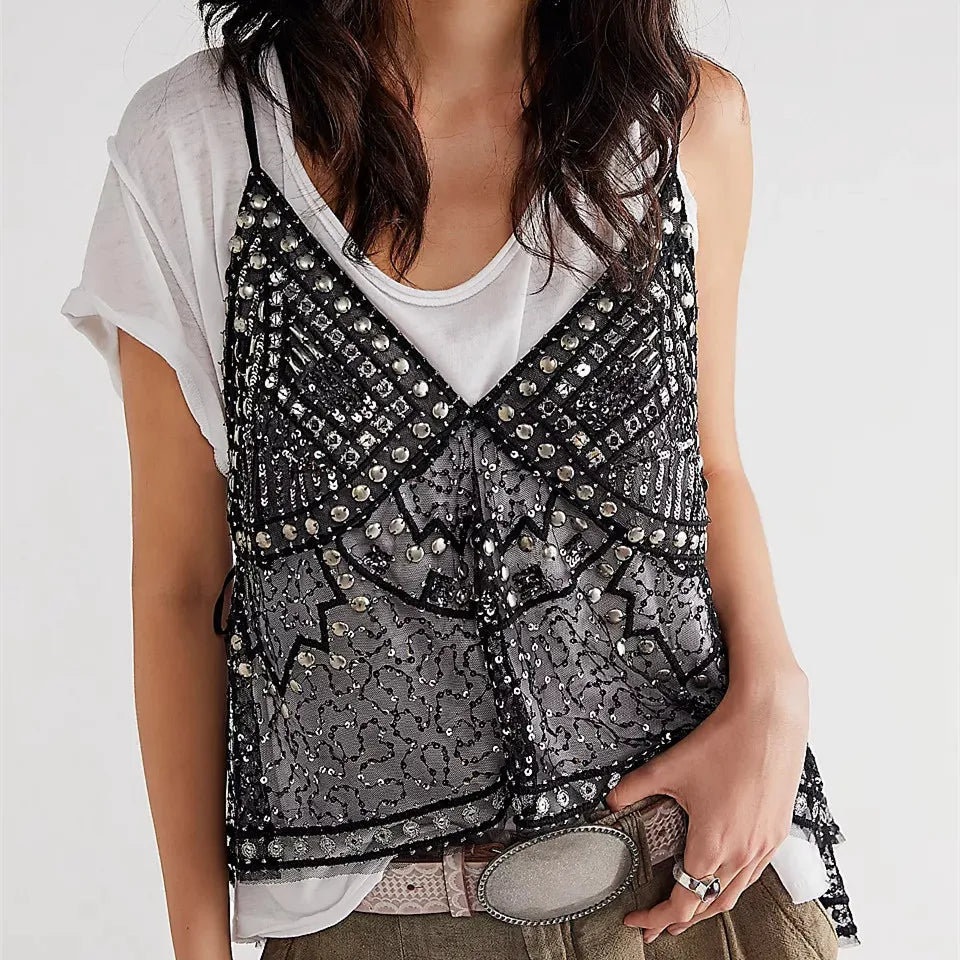 Women's Rivet Tank Tops Stylish Sequin Side Tie Sheer V Neck Spaghetti Straps Camisoles for Summer Coquette Streetwear