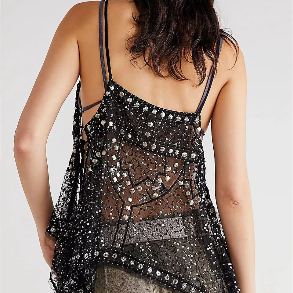 Women's Rivet Tank Tops Stylish Sequin Side Tie Sheer V Neck Spaghetti Straps Camisoles for Summer Coquette Streetwear